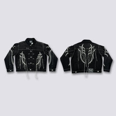 Thug Club Spider Web Fringe Embroidery Cropped Denim Jacket, Y2K Gothic Distressed Black Jean Coat