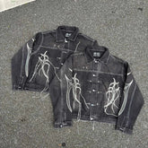 Thug Club Spider Web Fringe Embroidery Cropped Denim Jacket, Y2K Gothic Distressed Black Jean Coat