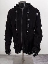 Thug Club Distressed Ripped Knit Zip Up Hooded Cardigan, Y2K Grunge Oversized Sweater Jacket