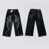 Thug Club Abstract Line Embroidery Black Wide Leg Jeans, Y2K Gothic Baggy Denim Pants