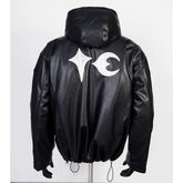 Thug Club Black Hooded Faux Leather Jacket White Star Moon Logo, Unisex
