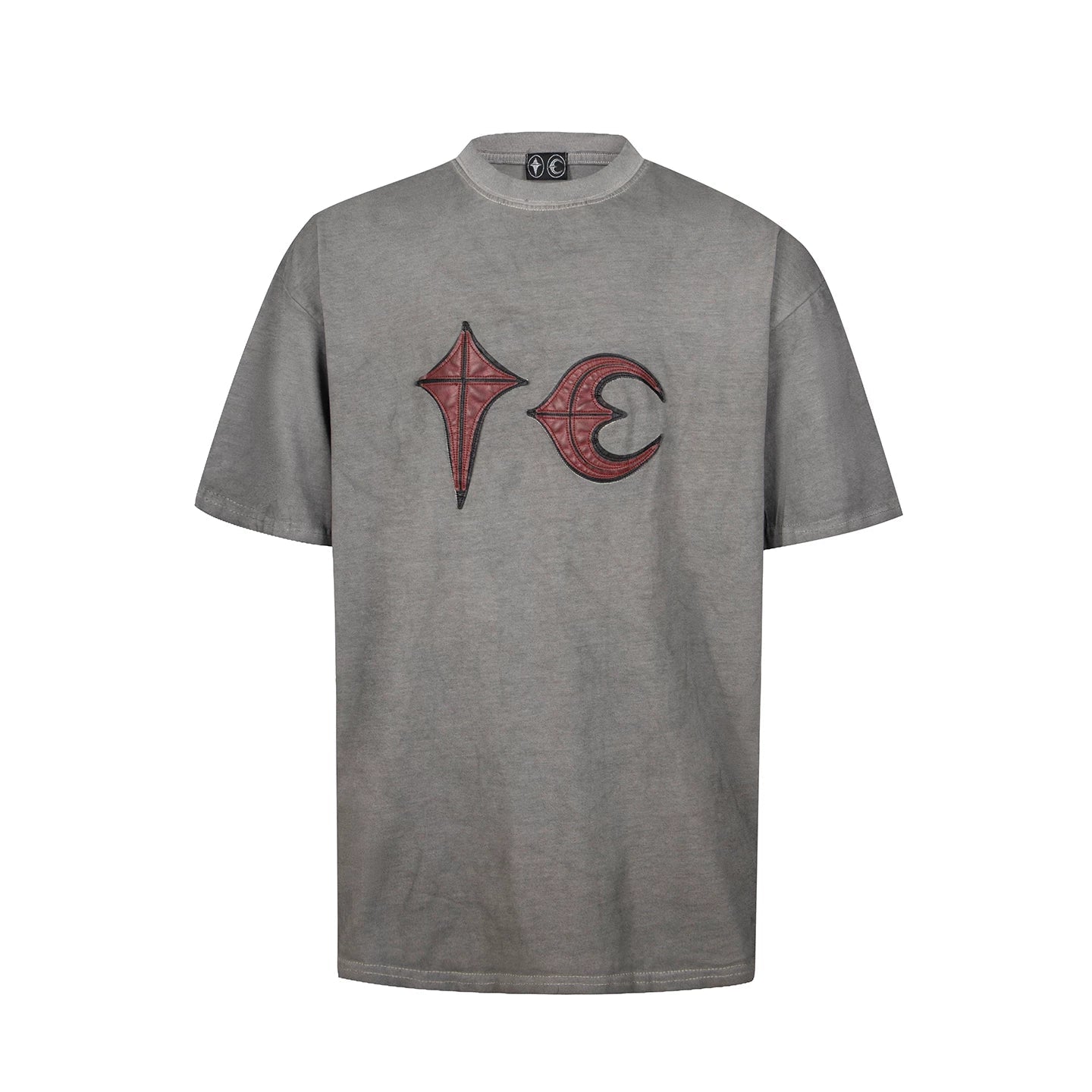 Thug Club Grey Washed Red Leather Star Moon Logo Oversized T-Shirt, Unisex