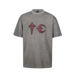 Thug Club Grey Washed Red Leather Star Moon Logo Oversized T-Shirt, Unisex