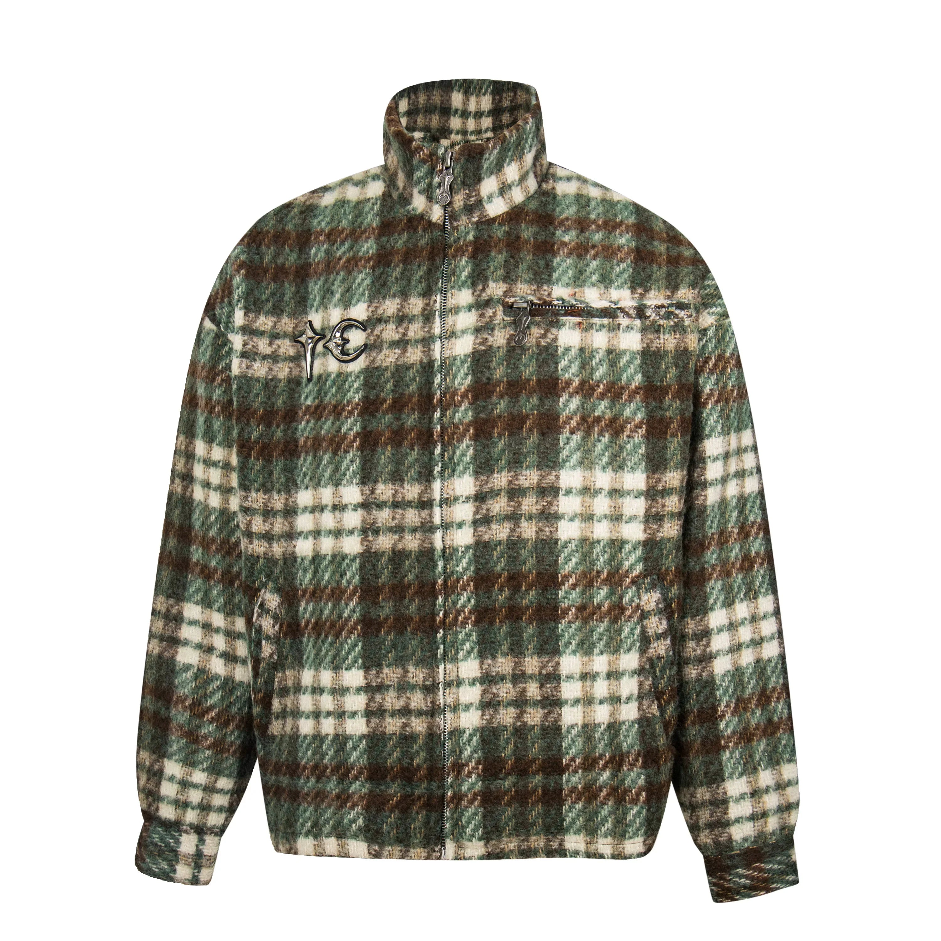 Thug Club Green Plaid Wool Blend Zip Jacket, Unisex