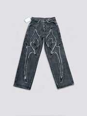 Thug Club Frayed Flare Graphic Black Washed Jeans, Y2K Gothic Wide Leg Denim Pants