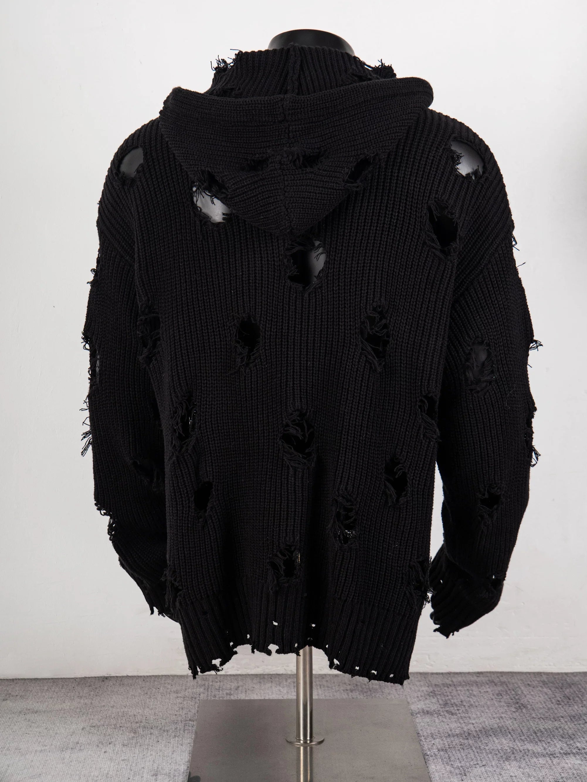 Thug Club Distressed Ripped Knit Zip Up Hooded Cardigan, Y2K Grunge Oversized Sweater Jacket