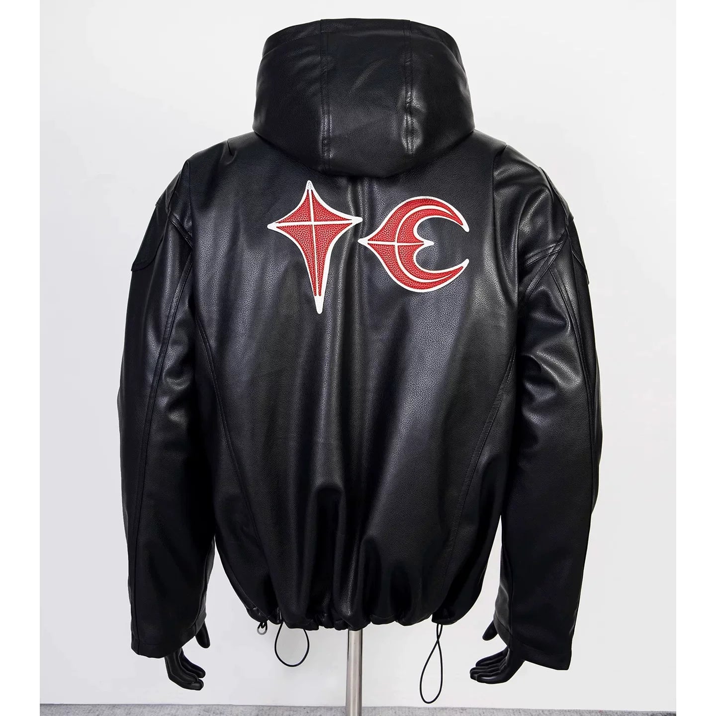 Thug Club Black Hooded Faux Leather Jacket Red Star Moon Logo, Unisex