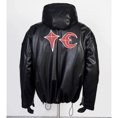 Thug Club Black Hooded Faux Leather Jacket Red Star Moon Logo, Unisex