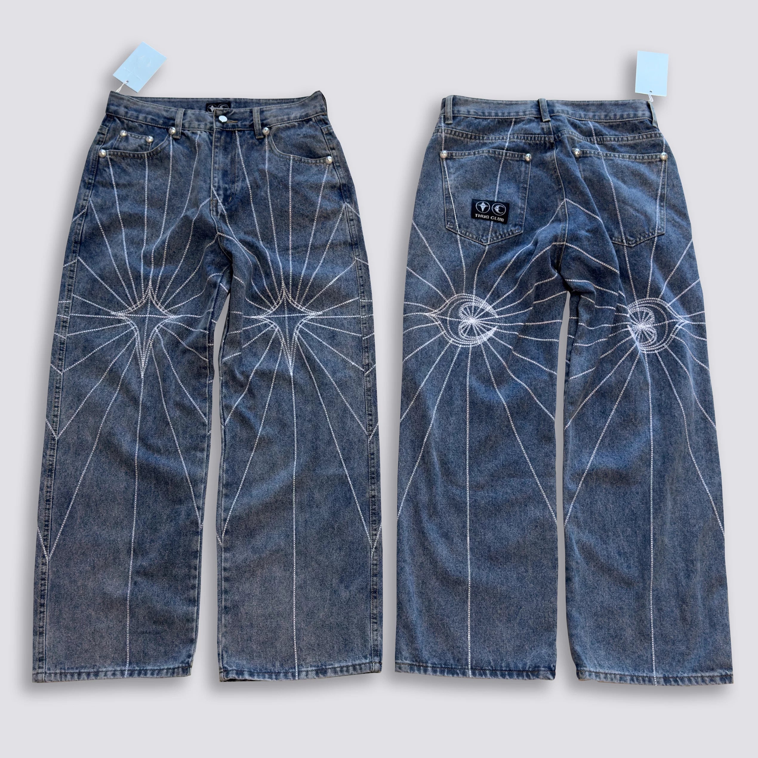 Thug Club Star Eye Radiating Line Embroidered Wide Leg Jeans, Y2K Gothic Baggy Denim Pants