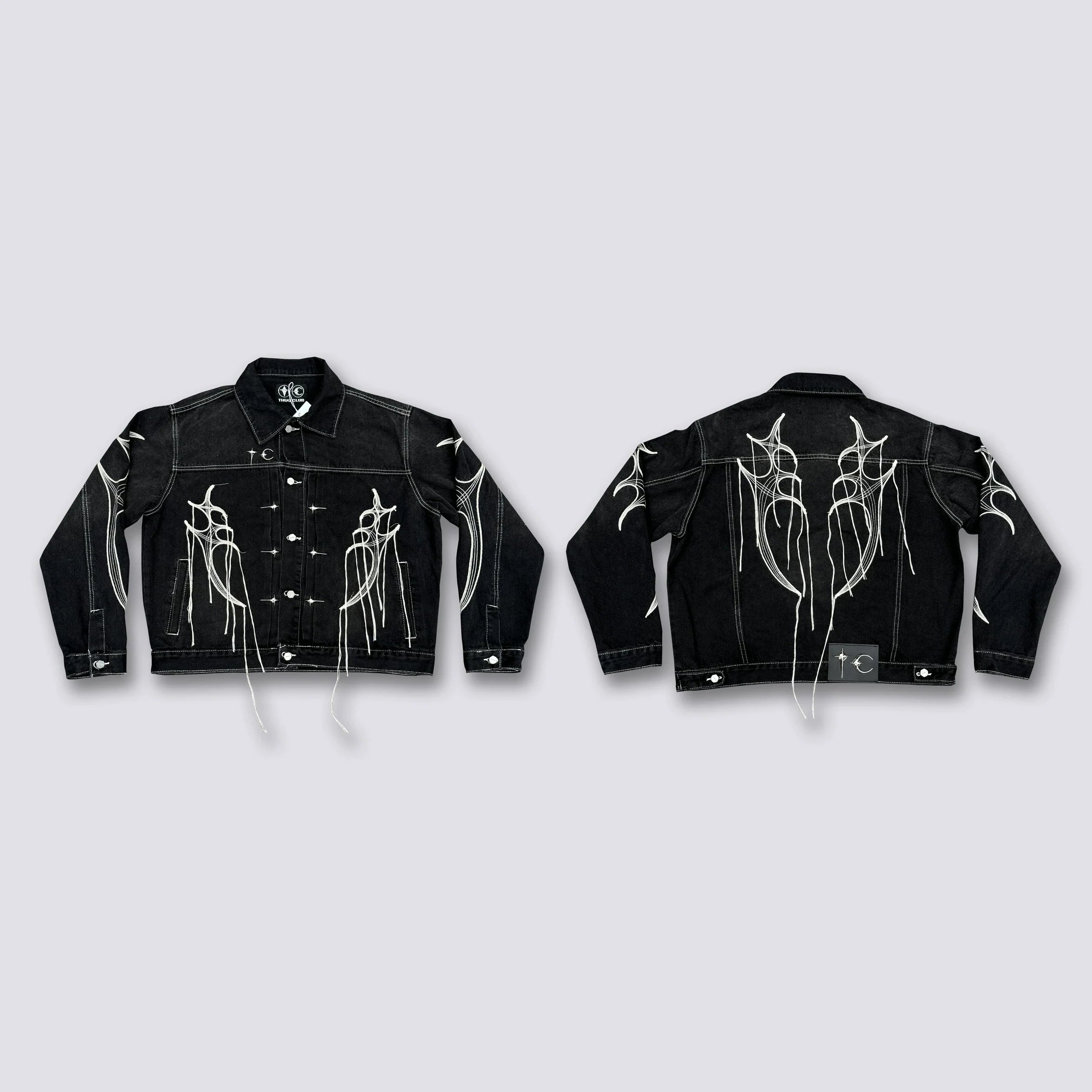 Thug Club Spider Web Fringe Embroidery Cropped Denim Jacket, Y2K Gothic Distressed Black Jean Coat