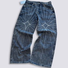 Thug Club Star Eye Radiating Line Embroidered Wide Leg Jeans, Y2K Gothic Baggy Denim Pants