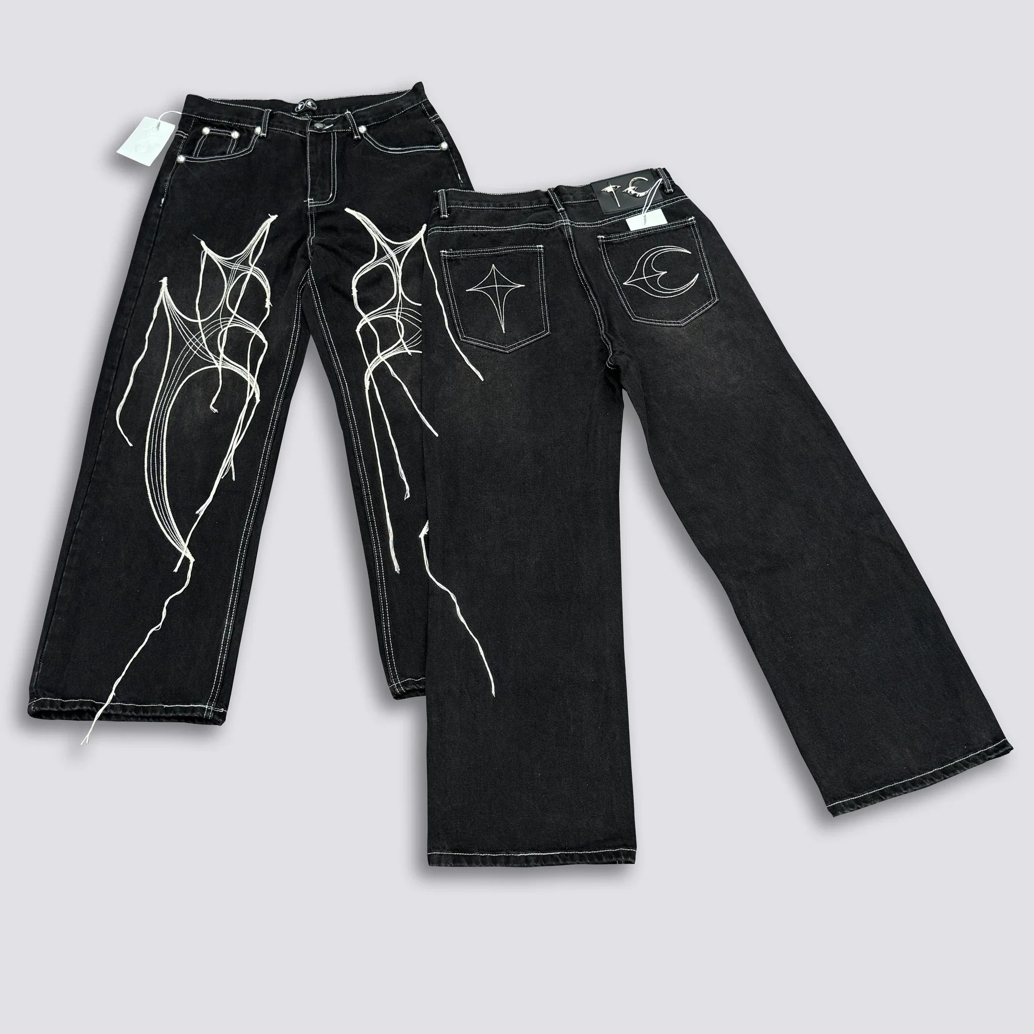 Thug Club Abstract Line Embroidery Black Wide Leg Jeans, Y2K Gothic Baggy Denim Pants