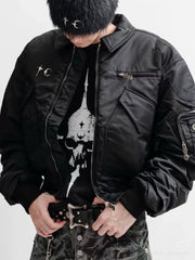 Thug Club Ruched Back MA1 Bomber Jacket, Y2K Gothic Multi-Pocket Flight Coat