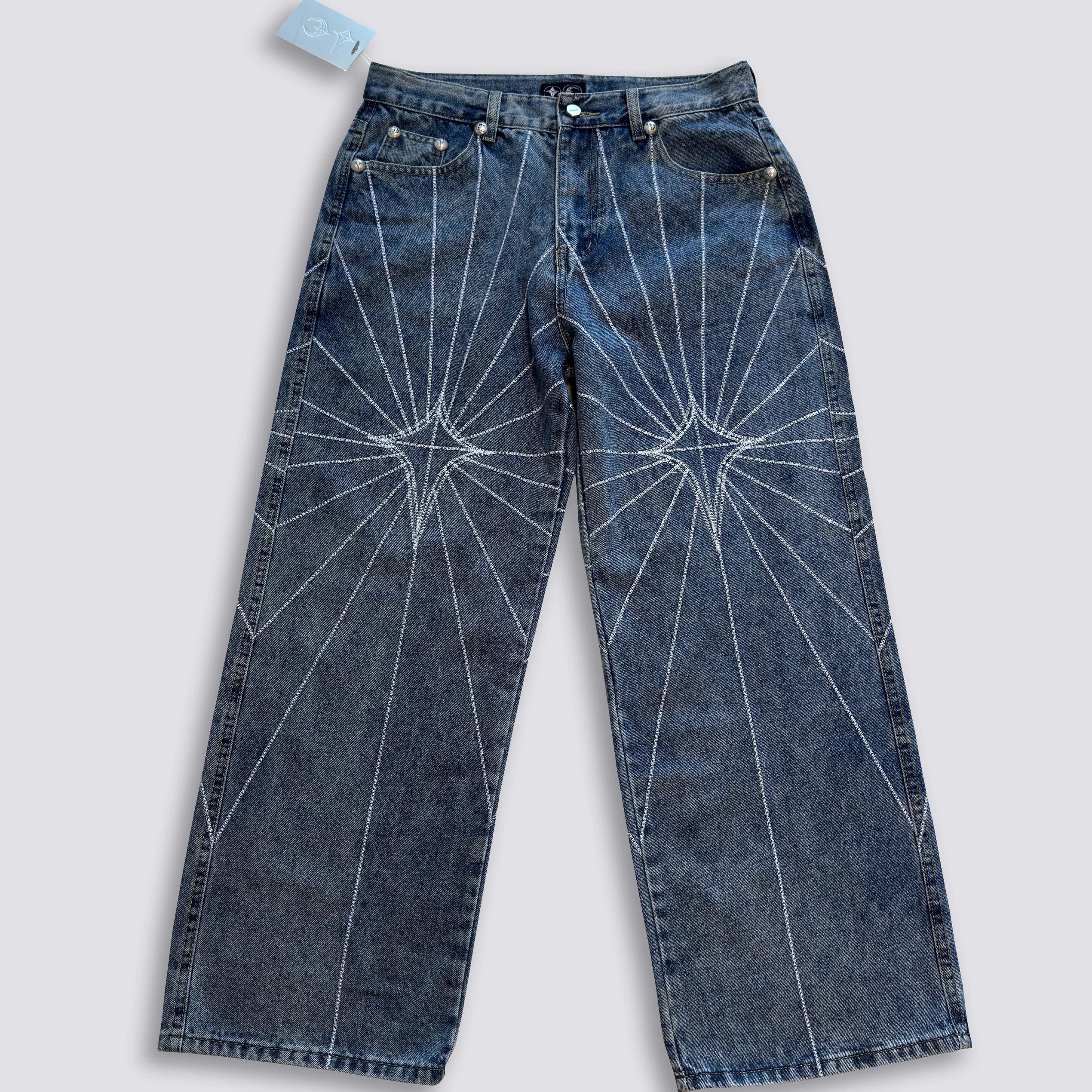Thug Club Star Eye Radiating Line Embroidered Wide Leg Jeans, Y2K Gothic Baggy Denim Pants