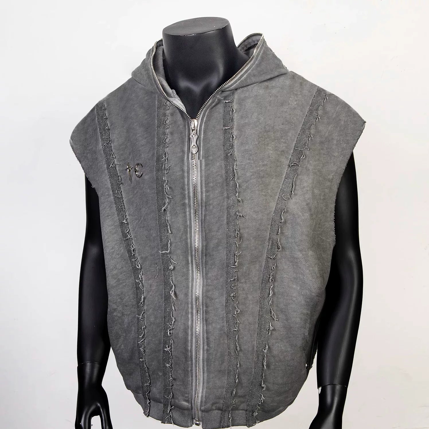Thug Club Grey Raw Fringe Hooded Zip Vest, Unisex
