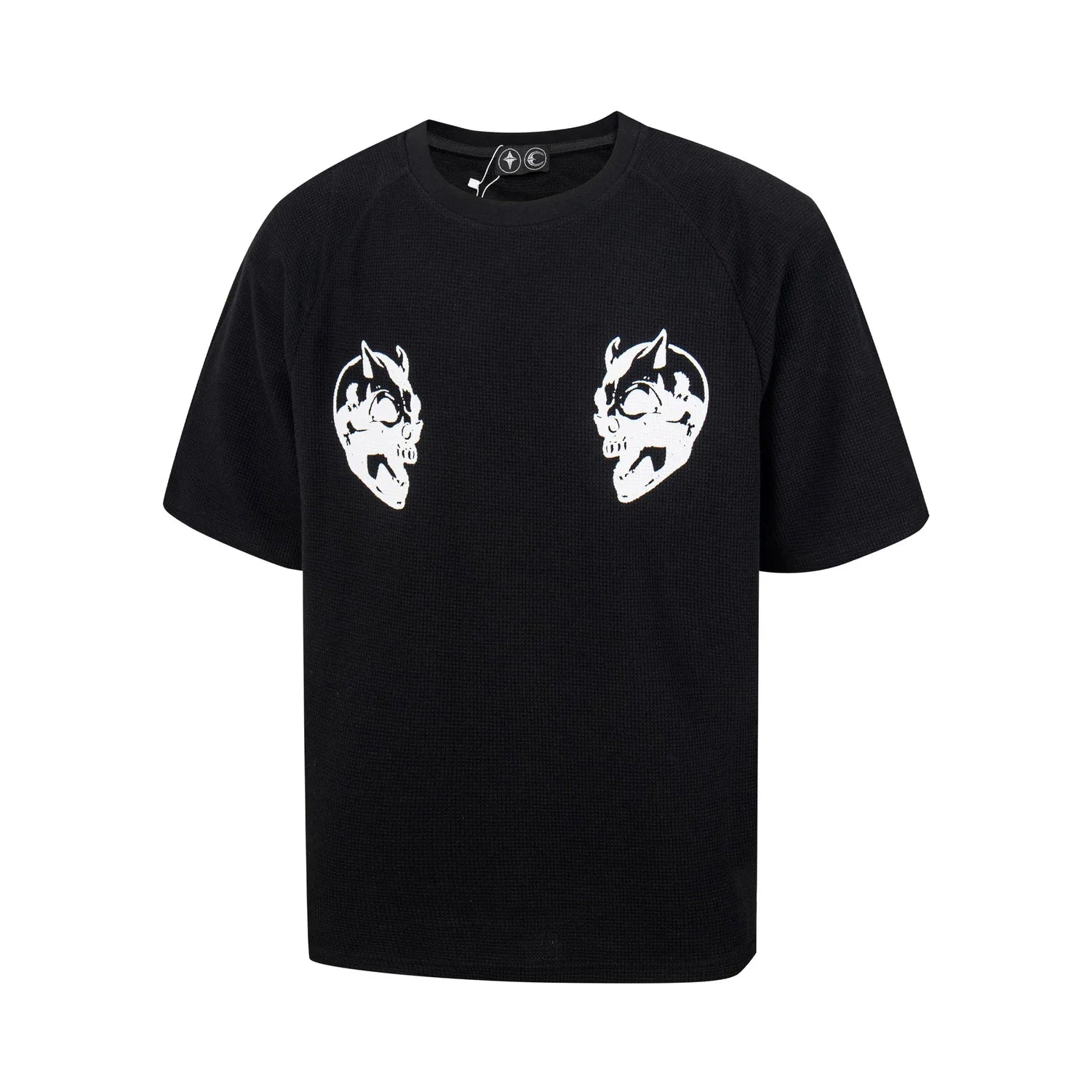 Thug Club Double Skull Print Waffle Knit Oversized T-shirt, Y2K Gothic Short Sleeve Tee
