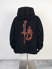 Thug Club Black Red Dragon Graphic Raw Edge Oversized Hoodie, Unisex