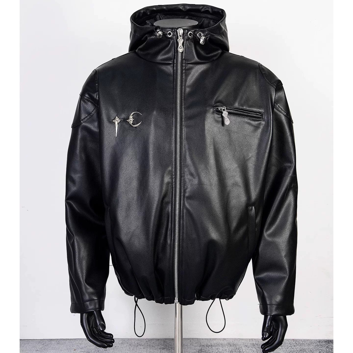 Thug Club Black Hooded Faux Leather Jacket Red Star Moon Logo, Unisex