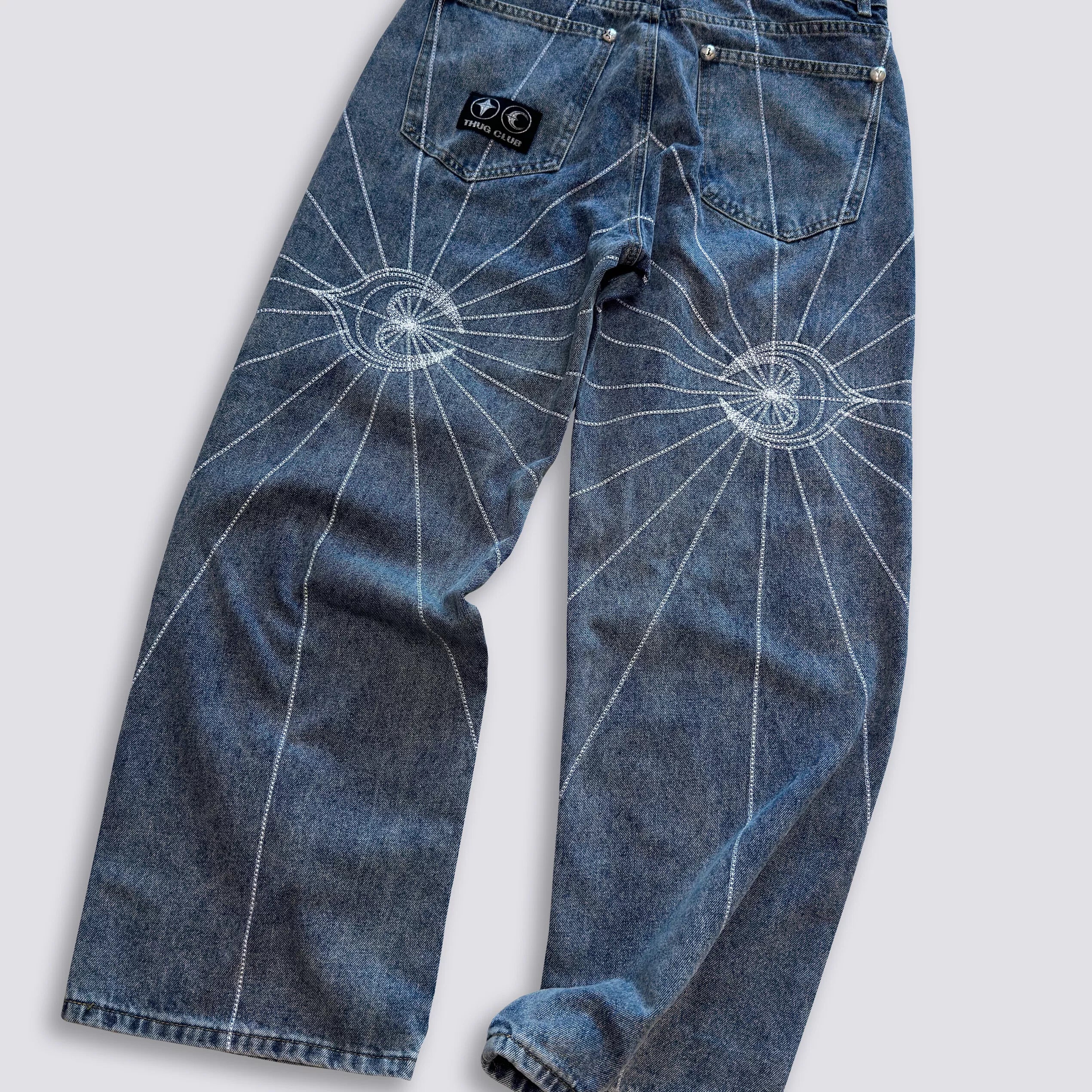 Thug Club Star Eye Radiating Line Embroidered Wide Leg Jeans, Y2K Gothic Baggy Denim Pants