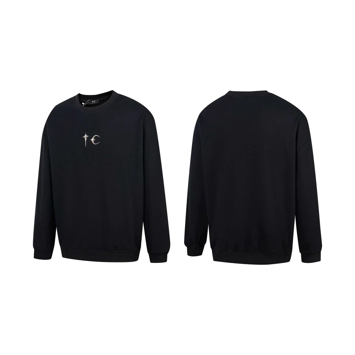 Thug Club Metal Star Moon Logo Crewneck Sweatshirt, Y2K Gothic Oversized Black Sweater