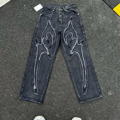 Thug Club Frayed Flare Graphic Black Washed Jeans, Y2K Gothic Wide Leg Denim Pants