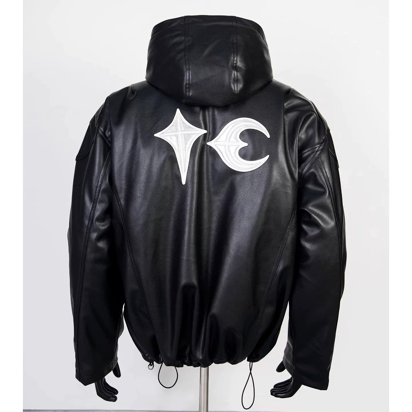 Thug Club Black Hooded Faux Leather Jacket White Star Moon Logo, Unisex