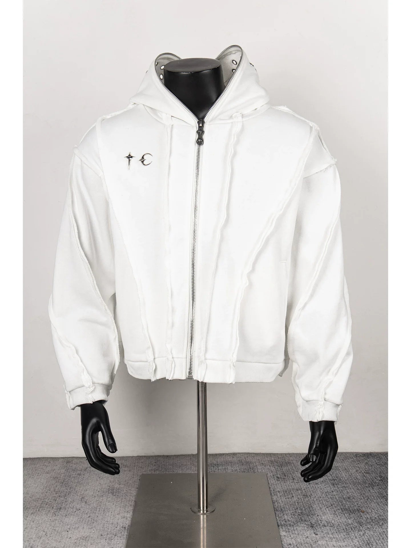 Thug Club White Raw Seam Zip-Up Cropped Hoodie, Unisex