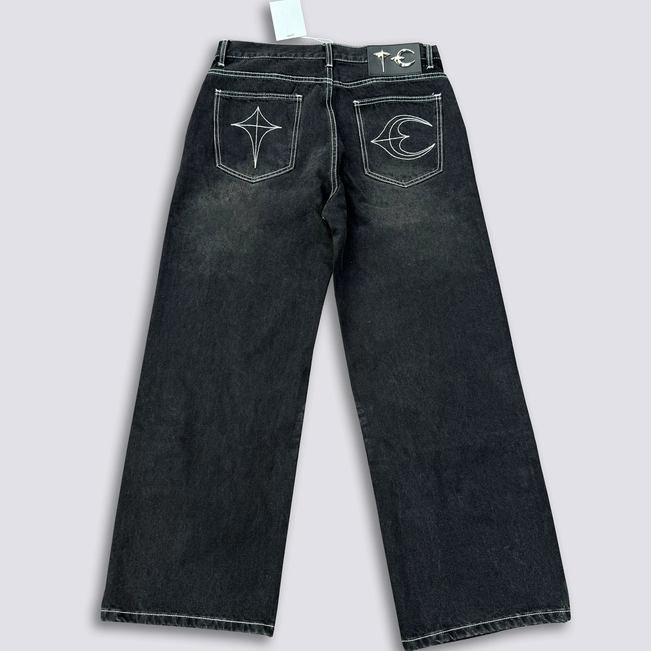 Thug Club Abstract Line Embroidery Black Wide Leg Jeans, Y2K Gothic Baggy Denim Pants