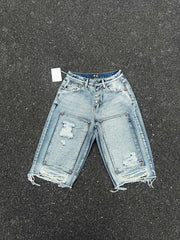Thug Club Light Wash Distressed Denim Jorts, Y2K Baggy Multi Pocket Shorts